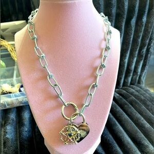 Chunky Silver Necklace with Heart and pentagram Charms